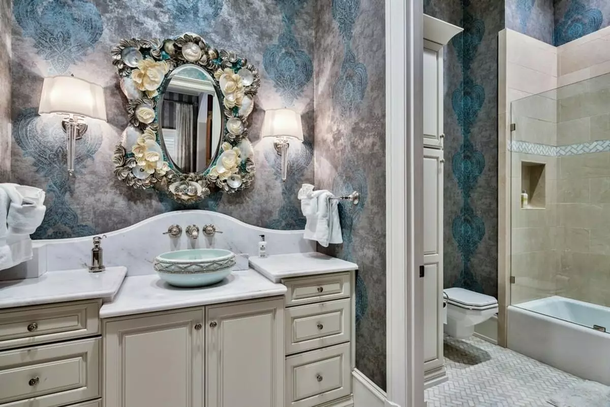 浴室壁纸（120张照片）：防水照片壁纸的特点，可用于浴室的可清洗防潮自粘壁纸和玻璃器皿。什么更适合？评论 10155_40