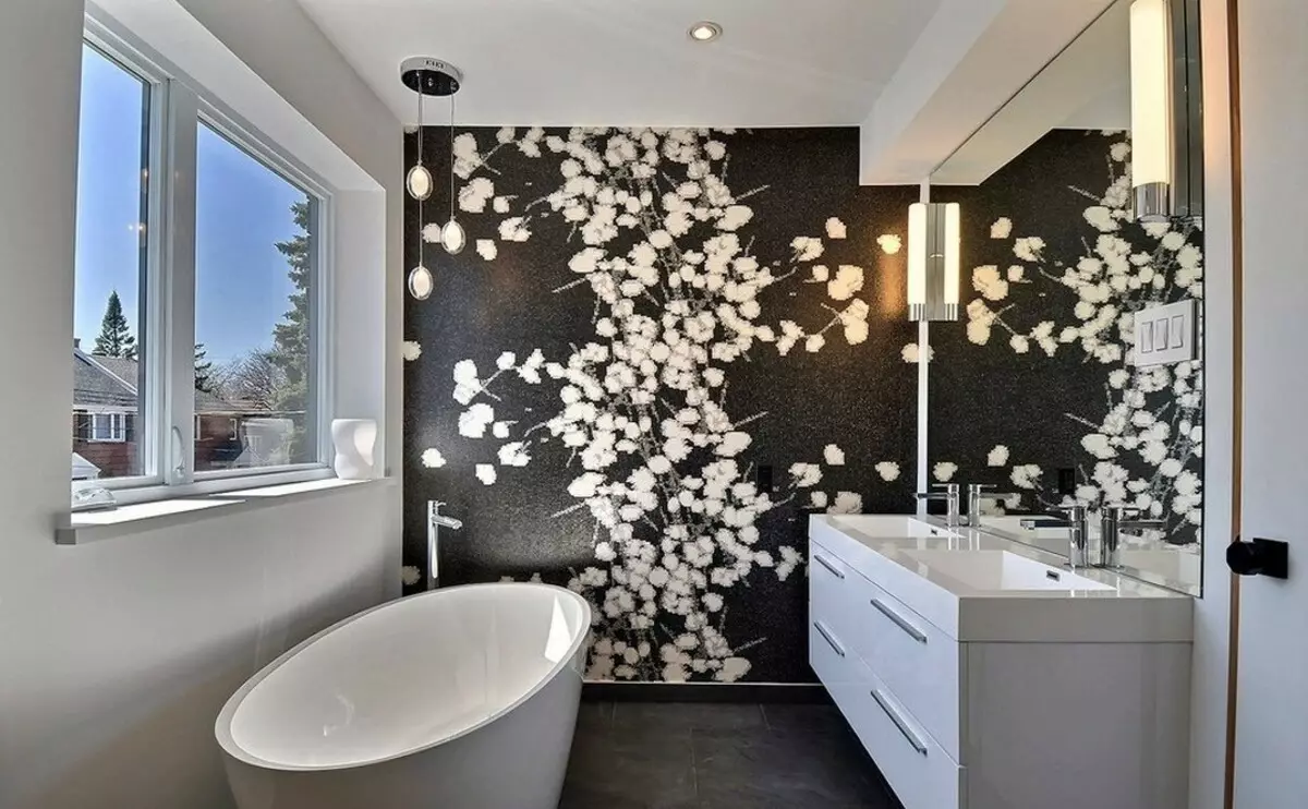 Háttérkép a fürdőszobában (120 fotók): A vízálló fotó tapéta, mosható nedvességálló öntapadós tapéta és üvegáruk a fürdőszobában. Milyen jobban illeszkedik? Vélemény 10155_58