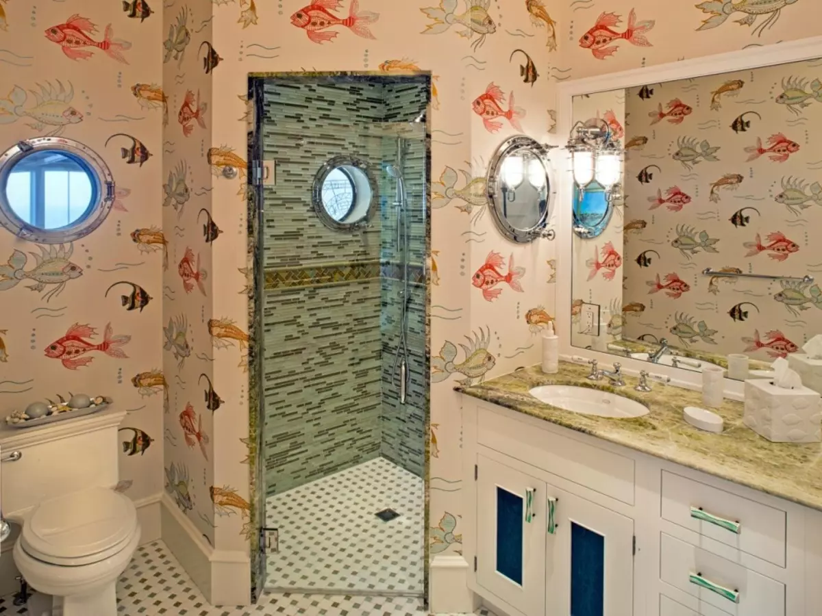 Bakgrund i badrummet (120 bilder): Funktioner av vattentät foto tapeter, tvättbar fuktbeständig självhäftande tapet och glas för badrummet. Vad passar bättre? Recensioner 10155_8