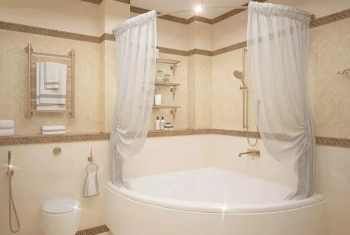 स्नानगृहासाठी अर्धविराम आणि गोल कोर: स्नानगृह आणि इतर प्रकारच्या धारकांमध्ये पडदे साठी त्रिज्या रॉड 10158_2