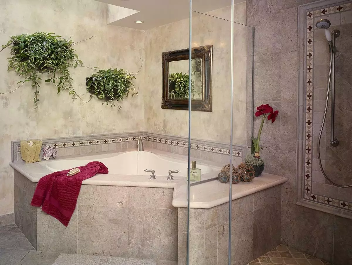 Διακόσμηση μπάνιου (68 φωτογραφίες): επιλογές διακόσμησης τοίχων και ιδέες δαπέδου διακόσμηση. Πώς να αποκαταστήσετε ένα riser; 10166_11