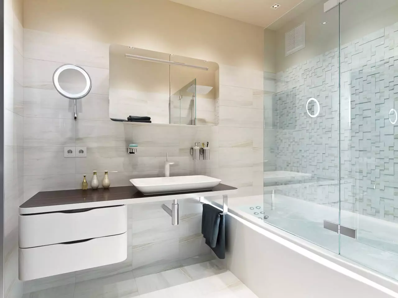 Fürdőszoba (165 fotók): Bath és zuhanyzó egy szobában. Gyönyörű és stílusos példák. A szervezőt választjuk. Ergonómia lehetőségek, tervezés 10167_5