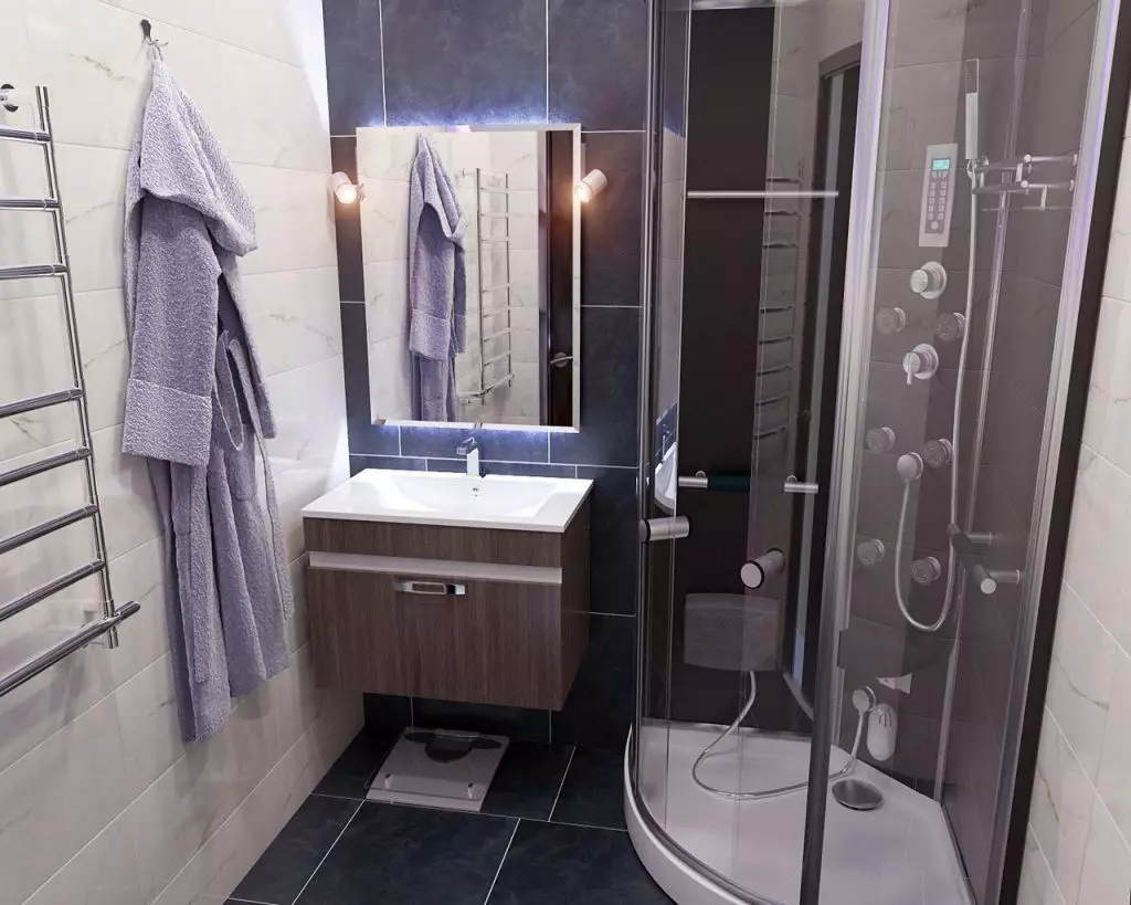 Thiết kế phòng tắm với vòi hoa sen (115 ảnh): Thiết kế một bồn tắm nhỏ với vòi hoa sen, phòng tắm thiết kế nội thất có máy giặt trong một ngôi nhà riêng 10181_16