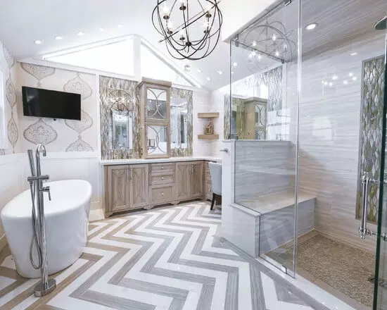 Thiết kế phòng tắm với vòi hoa sen (115 ảnh): Thiết kế một bồn tắm nhỏ với vòi hoa sen, phòng tắm thiết kế nội thất có máy giặt trong một ngôi nhà riêng 10181_23