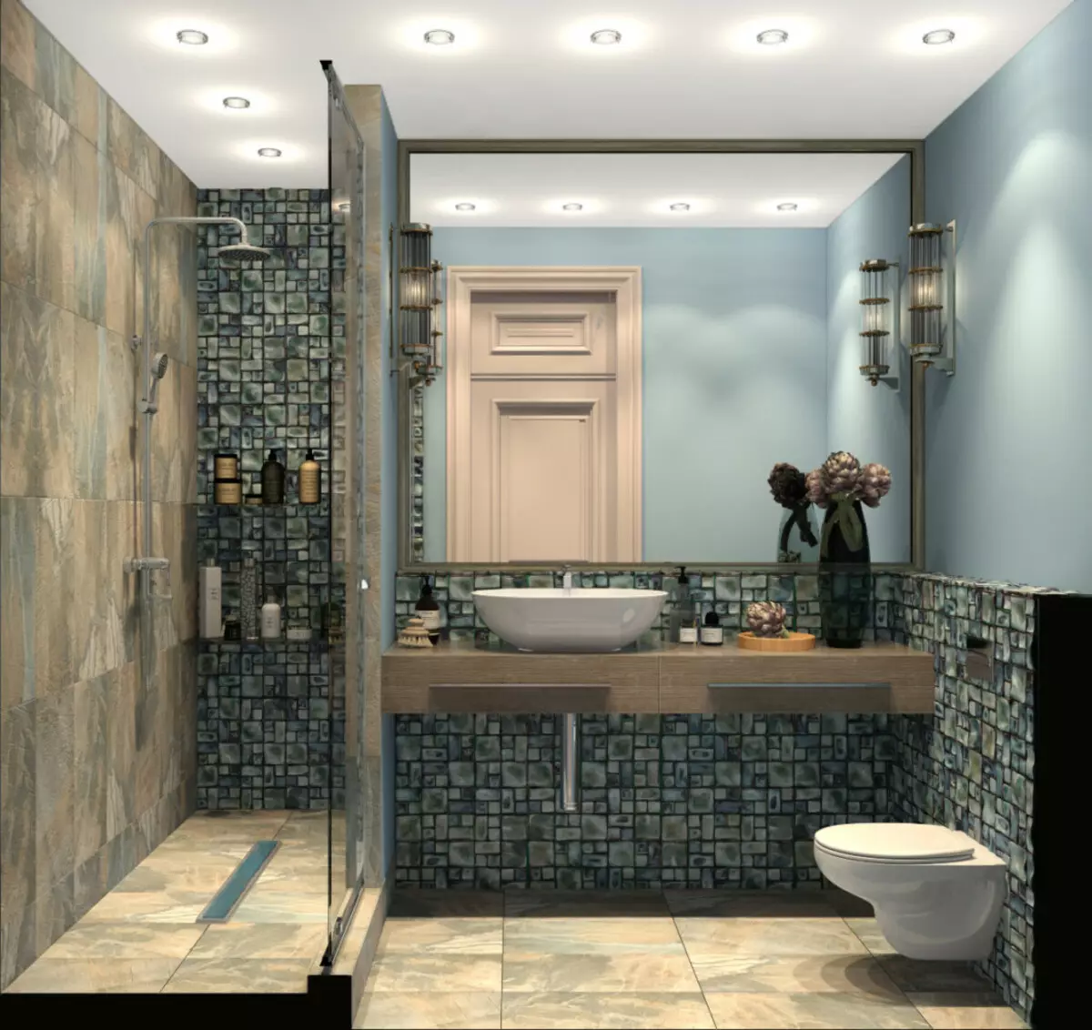 Thiết kế phòng tắm với vòi hoa sen (115 ảnh): Thiết kế một bồn tắm nhỏ với vòi hoa sen, phòng tắm thiết kế nội thất có máy giặt trong một ngôi nhà riêng 10181_45