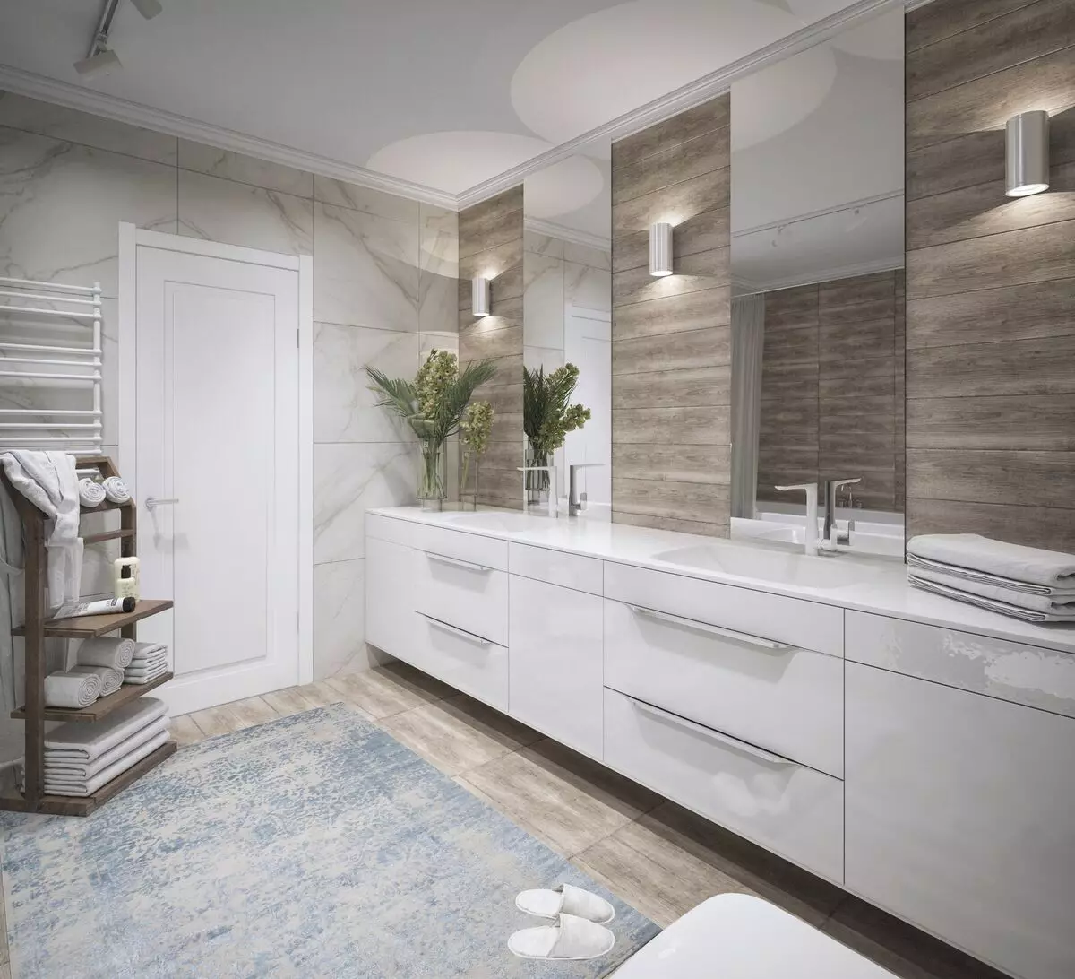 대리석 욕실 (98 장의 사진) : 방의 대리석 목욕탕, 욕실의 흰색 대리석과 나무의 조합, 인테리어의 예 10185_33