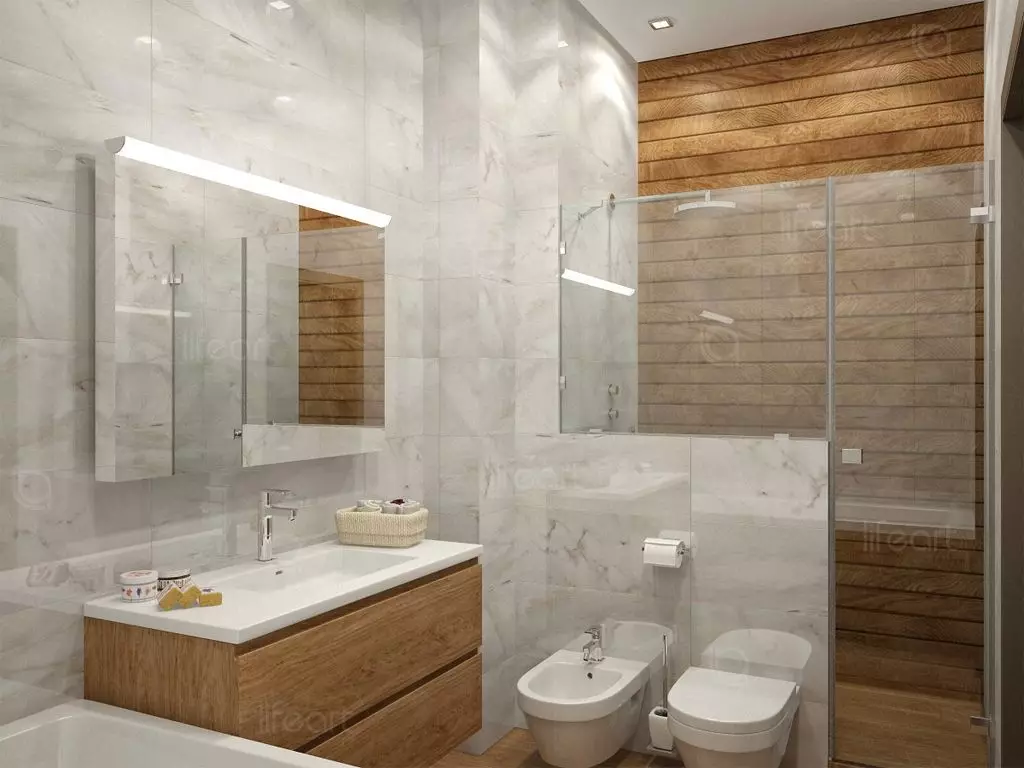 Kamar Mandi (98 foto): Mandi marmer ing desain ruangan, kombinasi marmer putih lan kayu ing kamar mandi, conto interior 10185_35