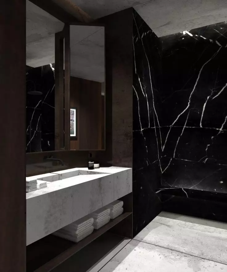 Kamar mandi marmer (98 foto): Mandi marmer dalam desain ruangan, kombinasi marmer putih dan kayu di kamar mandi, contoh interior 10185_87