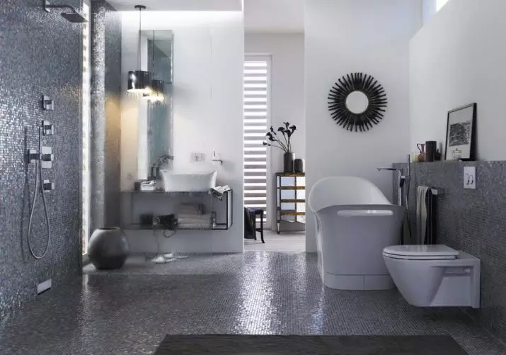 Szürke fürdőszoba (77 fotó): Szürke színű szoba kialakítása. Válasszon színt és stílusokat. A kék, rózsaszín, sárga és türkiz kombinációja. Példák a modern belső térre 10189_15