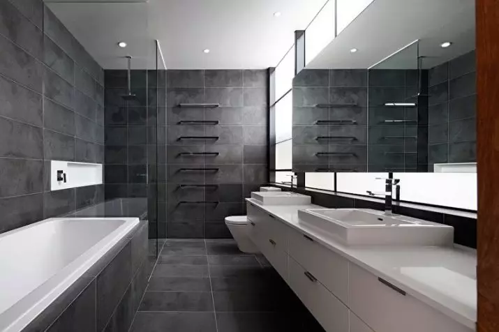 Szürke fürdőszoba (77 fotó): Szürke színű szoba kialakítása. Válasszon színt és stílusokat. A kék, rózsaszín, sárga és türkiz kombinációja. Példák a modern belső térre 10189_22