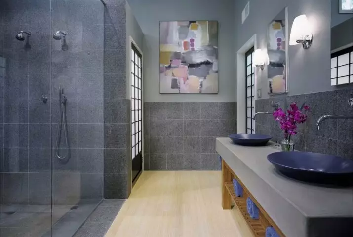 Gray bathroom (77 mga larawan): Disenyo ng kuwarto sa kulay-abo na kulay. Pumili ng kulay at estilo. Ang kumbinasyon ng asul, kulay-rosas, dilaw at turkesa. Mga halimbawa ng modernong panloob 10189_31