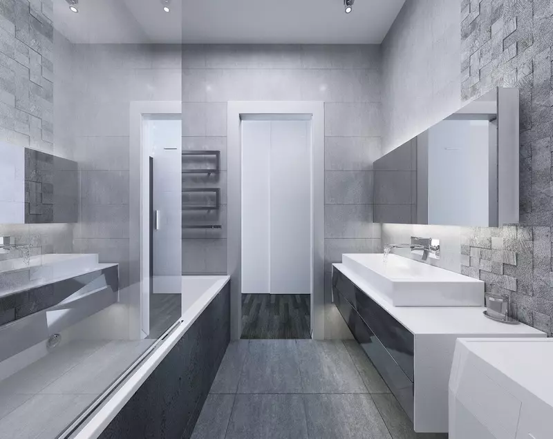 Szürke fürdőszoba (77 fotó): Szürke színű szoba kialakítása. Válasszon színt és stílusokat. A kék, rózsaszín, sárga és türkiz kombinációja. Példák a modern belső térre 10189_48