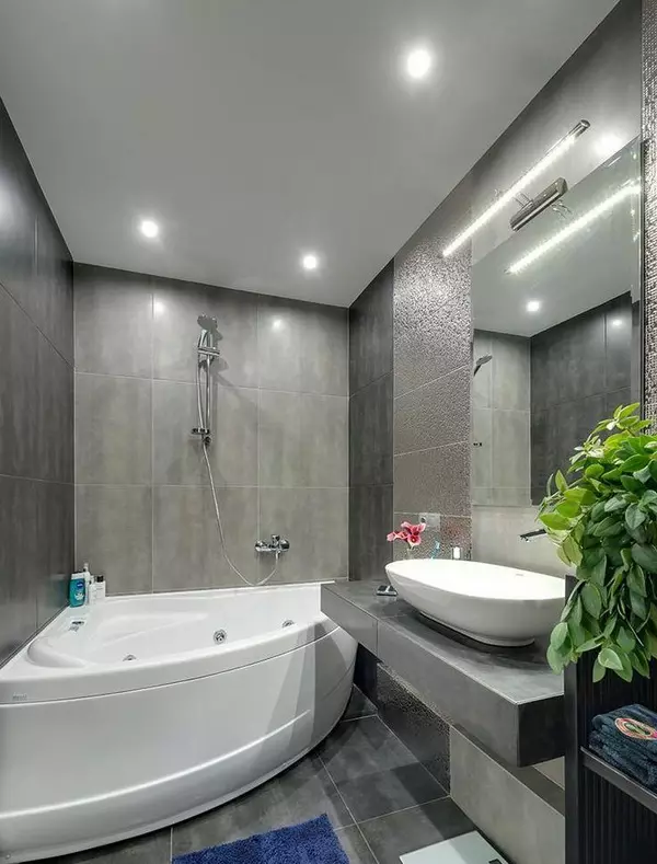 Szürke fürdőszoba (77 fotó): Szürke színű szoba kialakítása. Válasszon színt és stílusokat. A kék, rózsaszín, sárga és türkiz kombinációja. Példák a modern belső térre 10189_62