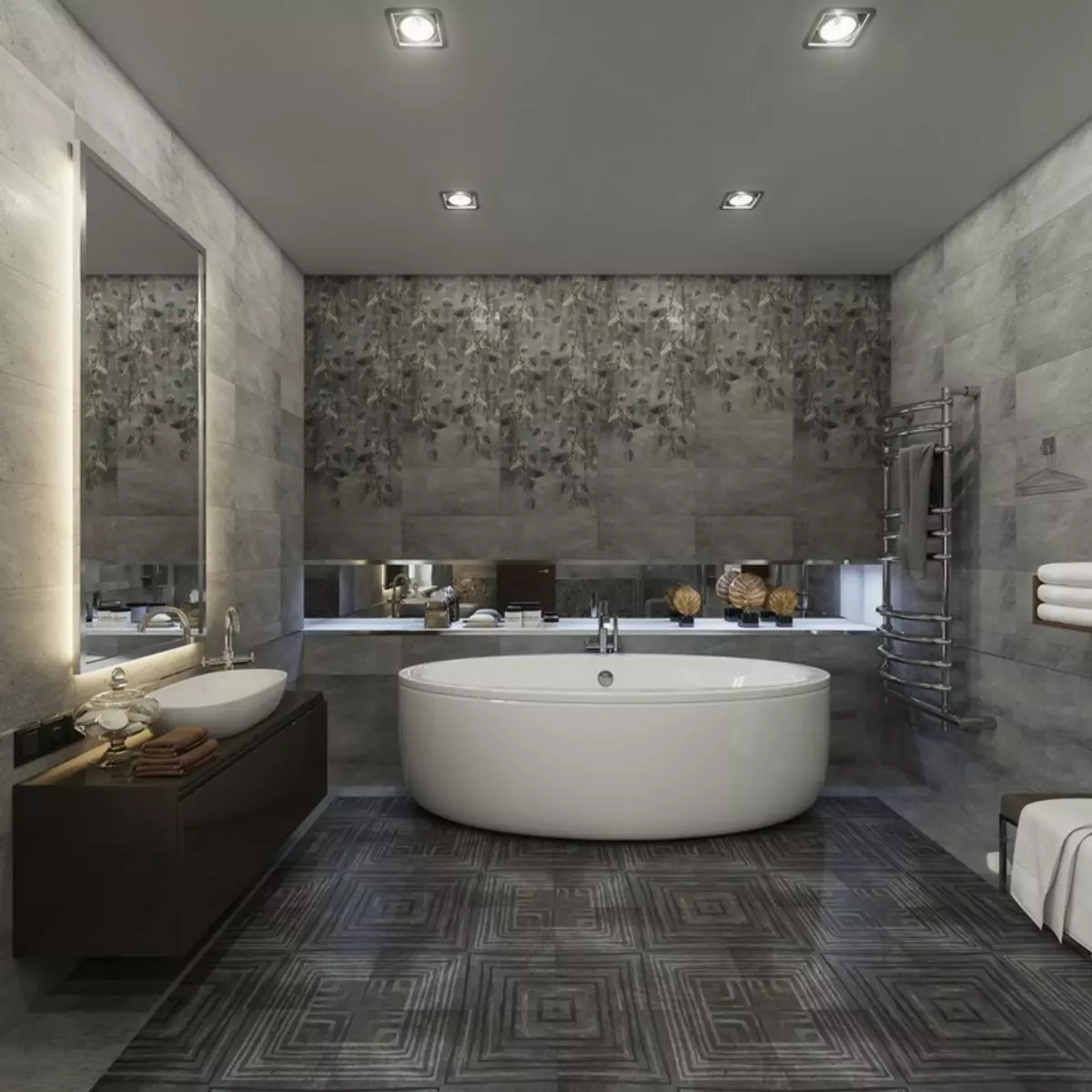 Szürke fürdőszoba (77 fotó): Szürke színű szoba kialakítása. Válasszon színt és stílusokat. A kék, rózsaszín, sárga és türkiz kombinációja. Példák a modern belső térre 10189_64
