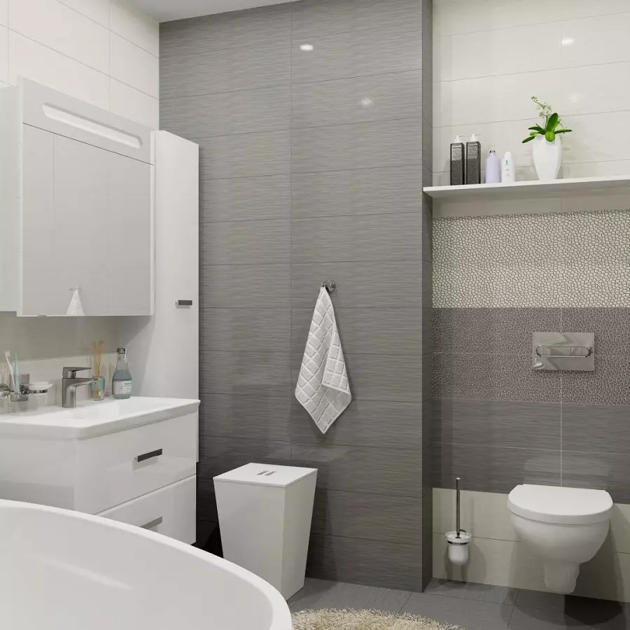 Szürke fürdőszoba (77 fotó): Szürke színű szoba kialakítása. Válasszon színt és stílusokat. A kék, rózsaszín, sárga és türkiz kombinációja. Példák a modern belső térre 10189_65