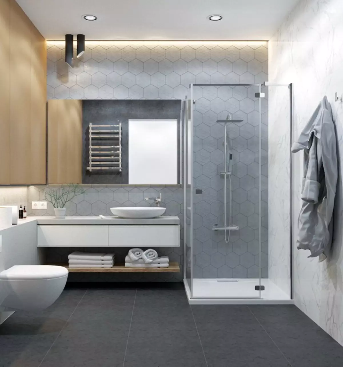 Szürke fürdőszoba (77 fotó): Szürke színű szoba kialakítása. Válasszon színt és stílusokat. A kék, rózsaszín, sárga és türkiz kombinációja. Példák a modern belső térre 10189_66