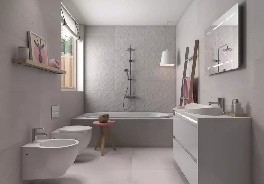 Szürke fürdőszoba (77 fotó): Szürke színű szoba kialakítása. Válasszon színt és stílusokat. A kék, rózsaszín, sárga és türkiz kombinációja. Példák a modern belső térre 10189_7