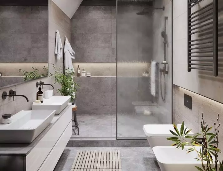 Szürke fürdőszoba (77 fotó): Szürke színű szoba kialakítása. Válasszon színt és stílusokat. A kék, rózsaszín, sárga és türkiz kombinációja. Példák a modern belső térre 10189_76