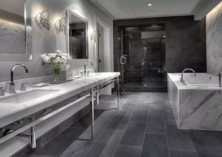 Szürke fürdőszoba (77 fotó): Szürke színű szoba kialakítása. Válasszon színt és stílusokat. A kék, rózsaszín, sárga és türkiz kombinációja. Példák a modern belső térre 10189_9
