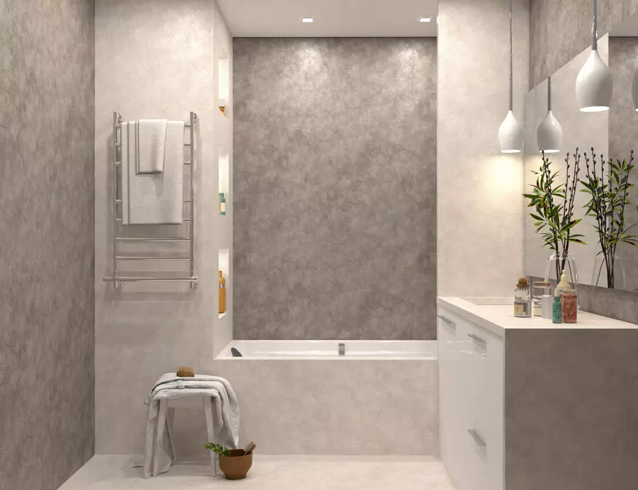 Обшивка на банята (106 снимки): Опции. Как да се разделят стените? Избор на довършителни материали: сайдинг, PVC, облицовка и други видове 10190_81