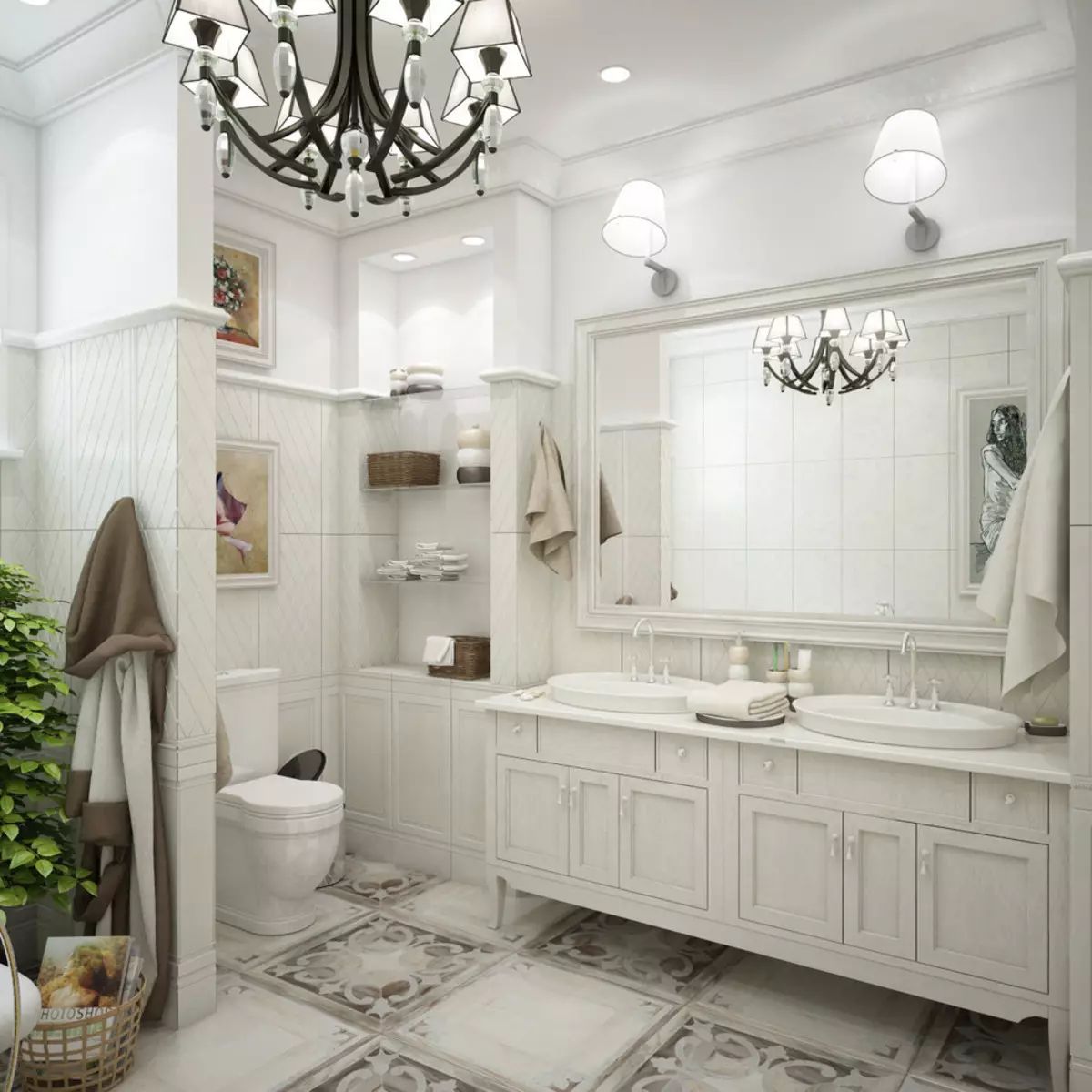白色浴室（84张照片）：白色色调的房间设计，具有明亮的口音。现代室内设计想法有插入物的小的白色卫生间 10191_16