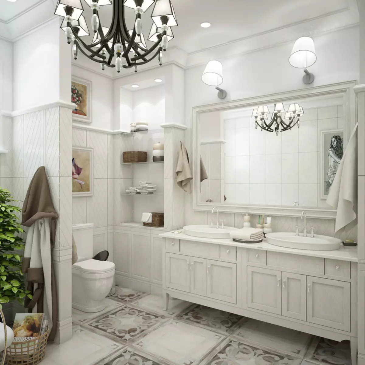 White banyo (84 mga larawan): disenyo ng kuwarto sa puting tono na may maliwanag na accent. Modern Interior Design Ideas maliit na puting banyo na may pagsingit 10191_16