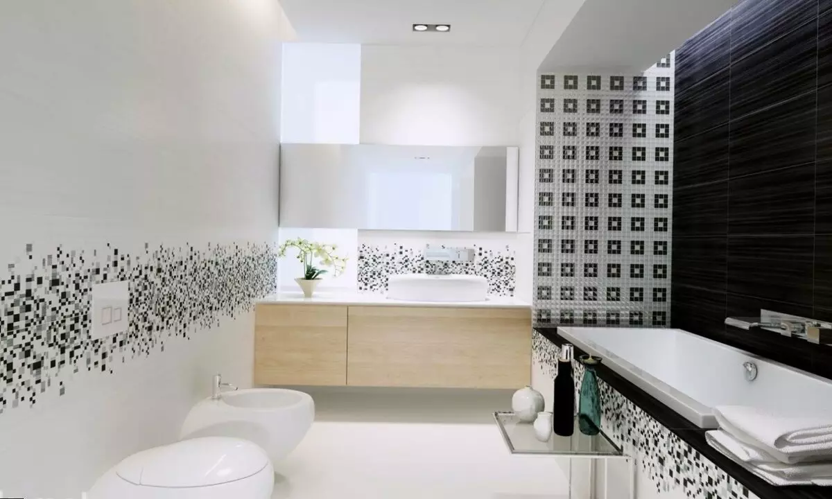 Salle de bain blanche (84 photos): design de chambre dans des tons blancs avec des accents lumineux. Idées de design d'intérieur modernes Petite salle de bain blanche avec inserts 10191_2