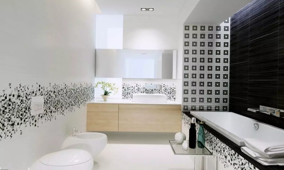 White banyo (84 mga larawan): disenyo ng kuwarto sa puting tono na may maliwanag na accent. Modern Interior Design Ideas maliit na puting banyo na may pagsingit 10191_2