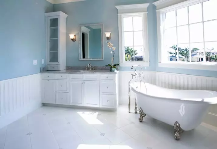 白色浴室（84张照片）：白色色调的房间设计，具有明亮的口音。现代室内设计想法有插入物的小的白色卫生间 10191_21
