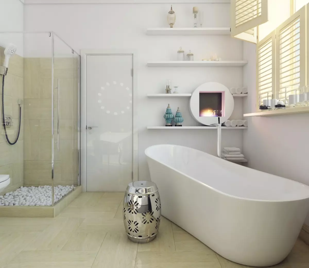 Fehér fürdőszoba (84 fotó): Szoba kialakítása fehér árnyalatokban, fényes ékezetekkel. Modern belsőépítészeti ötletek kis fehér fürdőszoba betétekkel 10191_22