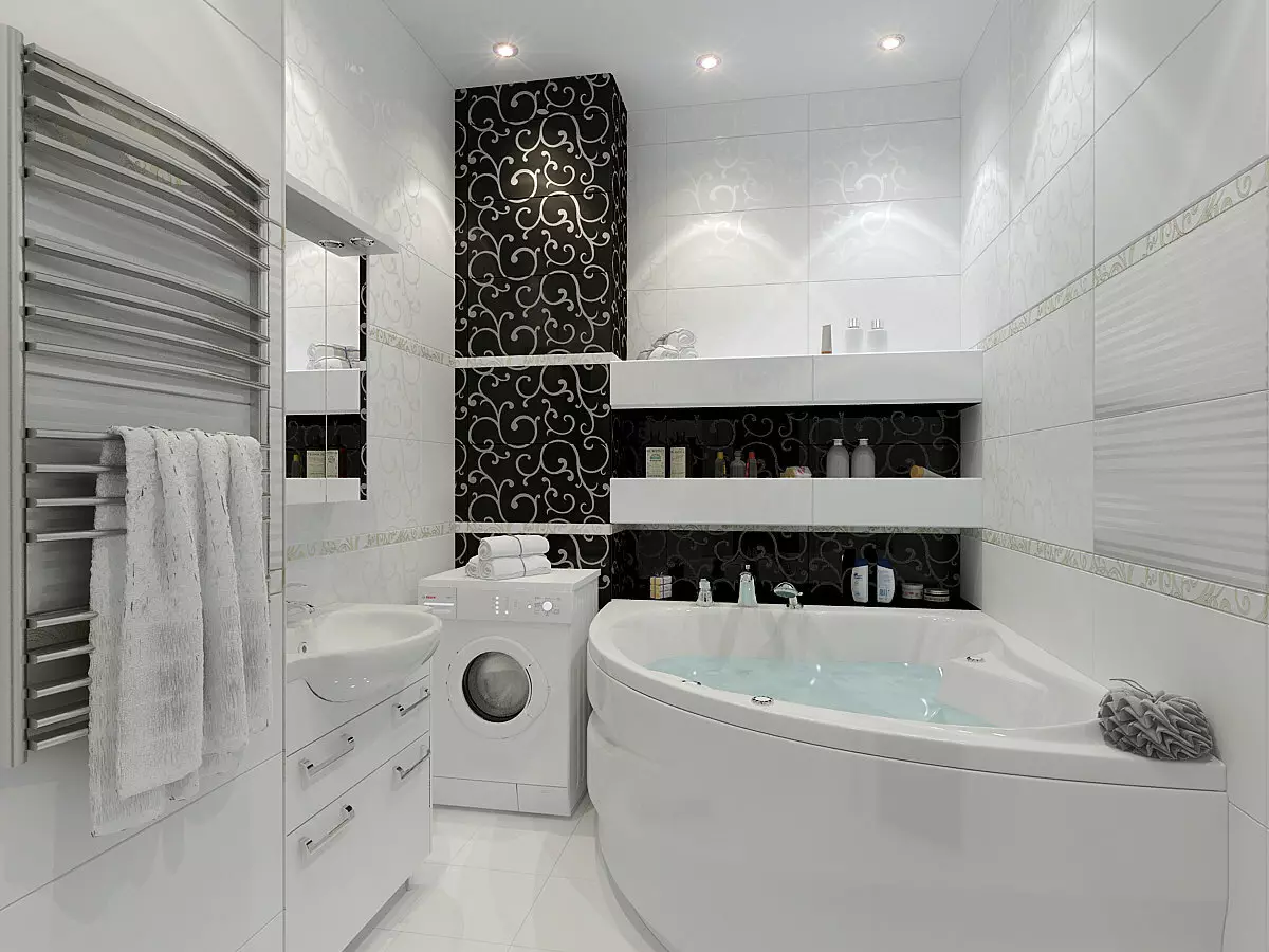 Fehér fürdőszoba (84 fotó): Szoba kialakítása fehér árnyalatokban, fényes ékezetekkel. Modern belsőépítészeti ötletek kis fehér fürdőszoba betétekkel 10191_26