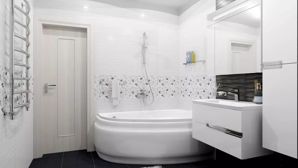 Biela kúpeľňa (84 fotografií): dizajn izby v bielych tónoch s jasnými akcentmi. Moderné nápady na dizajn interiéru Málo biela kúpeľňa s vložkami 10191_3