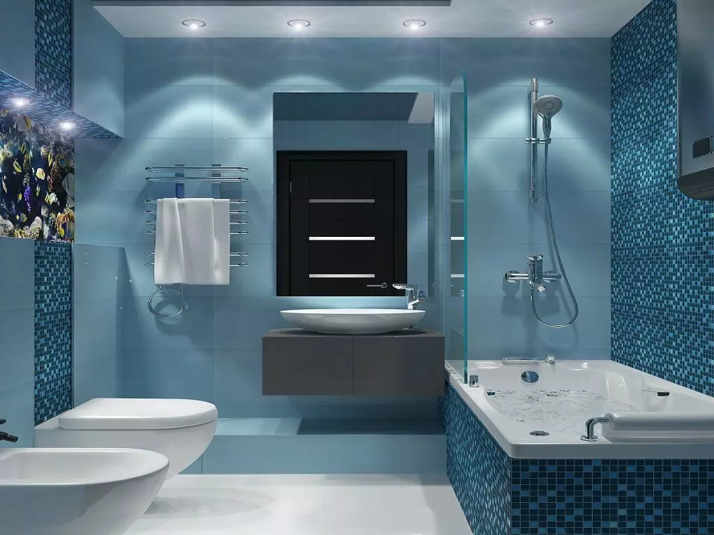 白色浴室（84张照片）：白色色调的房间设计，具有明亮的口音。现代室内设计想法有插入物的小的白色卫生间 10191_32