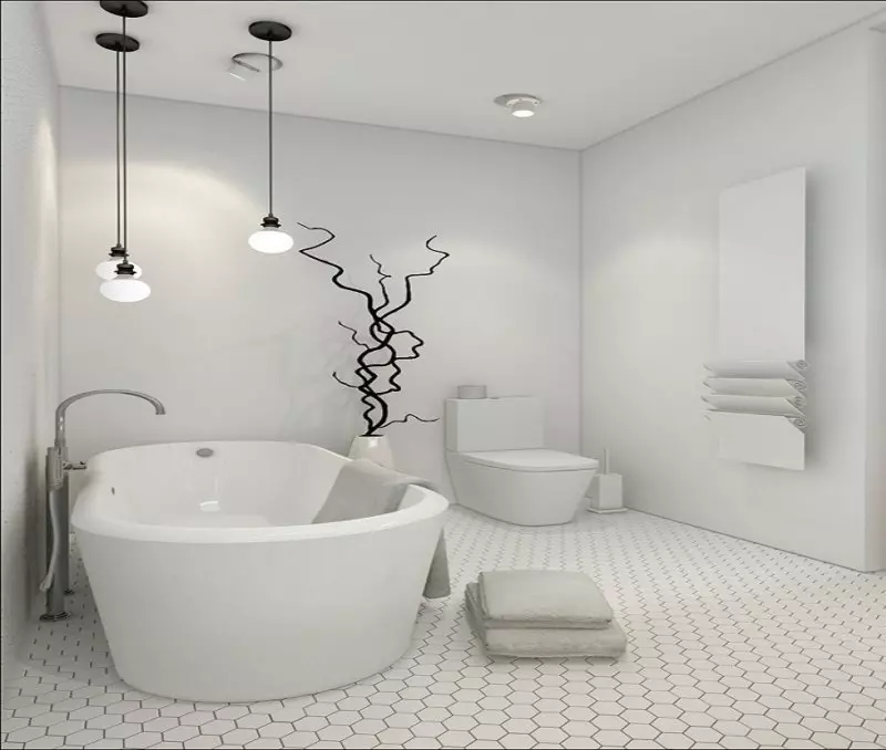 白色浴室（84张照片）：白色色调的房间设计，具有明亮的口音。现代室内设计想法有插入物的小的白色卫生间 10191_36