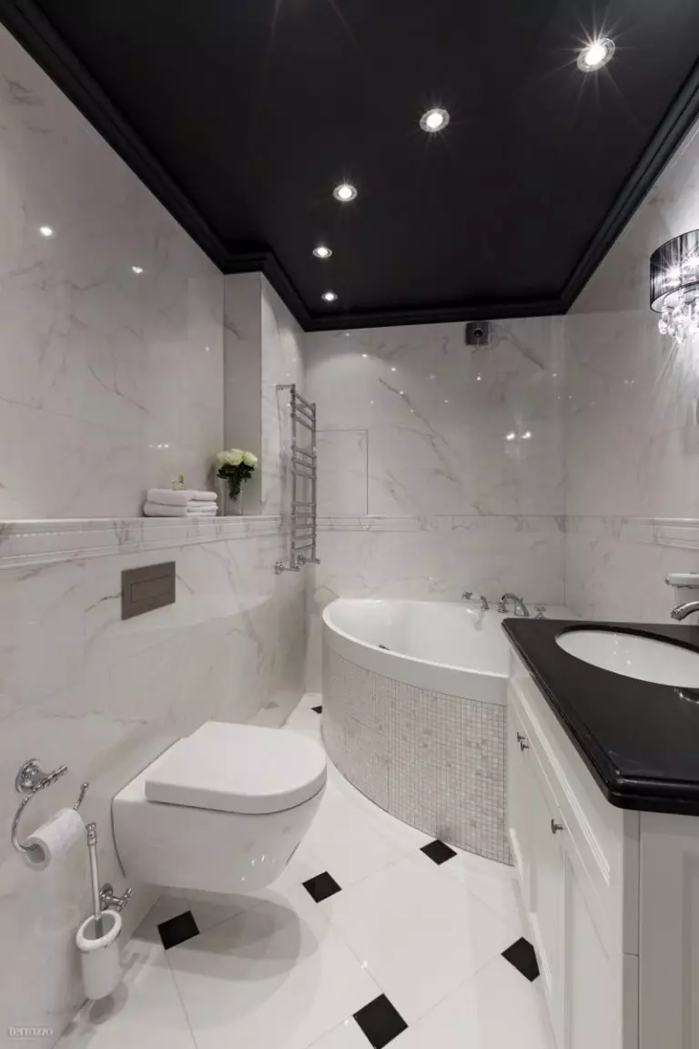 Salle de bain blanche (84 photos): design de chambre dans des tons blancs avec des accents lumineux. Idées de design d'intérieur modernes Petite salle de bain blanche avec inserts 10191_41