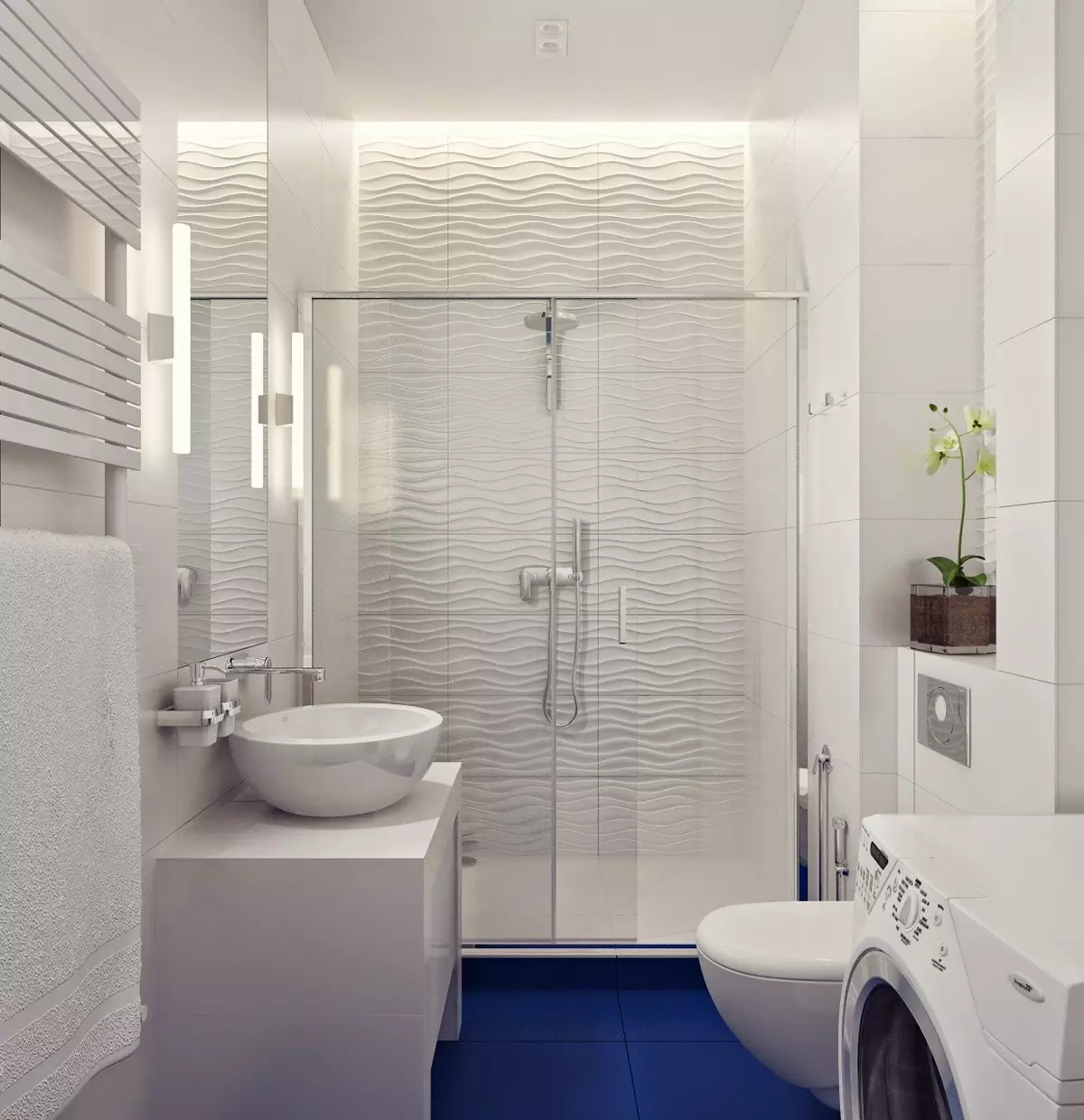 White banyo (84 mga larawan): disenyo ng kuwarto sa puting tono na may maliwanag na accent. Modern Interior Design Ideas maliit na puting banyo na may pagsingit 10191_44