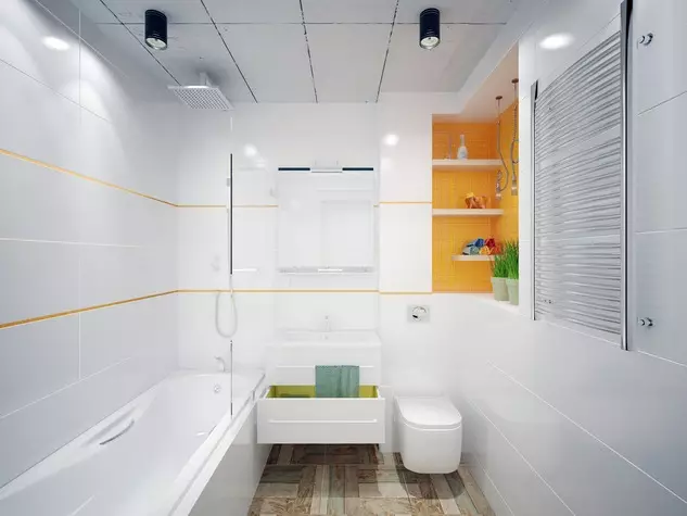 White banyo (84 mga larawan): disenyo ng kuwarto sa puting tono na may maliwanag na accent. Modern Interior Design Ideas maliit na puting banyo na may pagsingit 10191_50