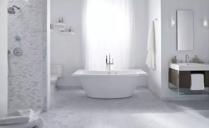 Salle de bain blanche (84 photos): design de chambre dans des tons blancs avec des accents lumineux. Idées de design d'intérieur modernes Petite salle de bain blanche avec inserts 10191_52