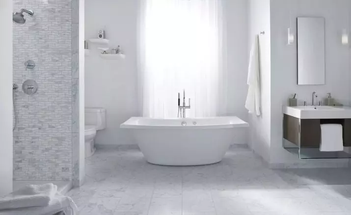 White banyo (84 mga larawan): disenyo ng kuwarto sa puting tono na may maliwanag na accent. Modern Interior Design Ideas maliit na puting banyo na may pagsingit 10191_52