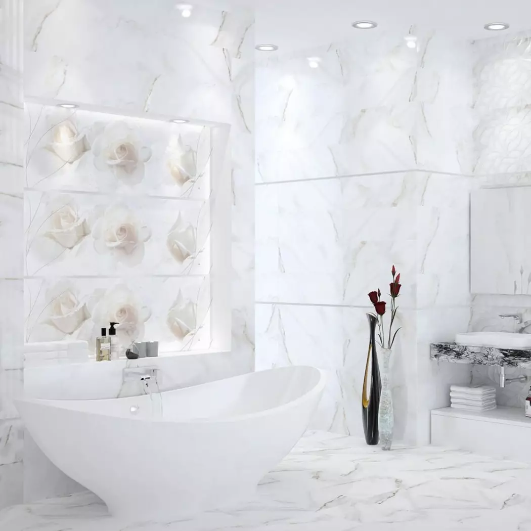 화이트 욕실 (84 사진) : 밝은 악센트가있는 흰색 톤의 룸 디자인. 현대적인 인테리어 디자인 아이디어 인서트가있는 작은 흰색 욕실 10191_54