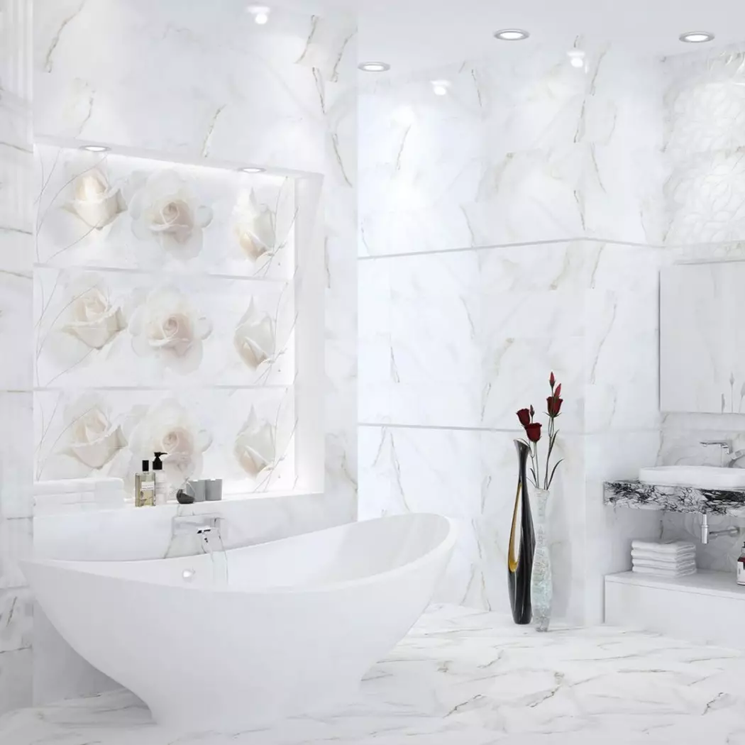 White banyo (84 mga larawan): disenyo ng kuwarto sa puting tono na may maliwanag na accent. Modern Interior Design Ideas maliit na puting banyo na may pagsingit 10191_54