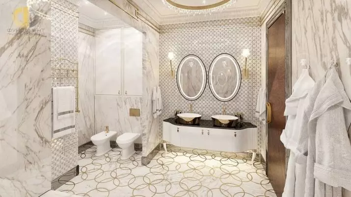 Fehér fürdőszoba (84 fotó): Szoba kialakítása fehér árnyalatokban, fényes ékezetekkel. Modern belsőépítészeti ötletek kis fehér fürdőszoba betétekkel 10191_65
