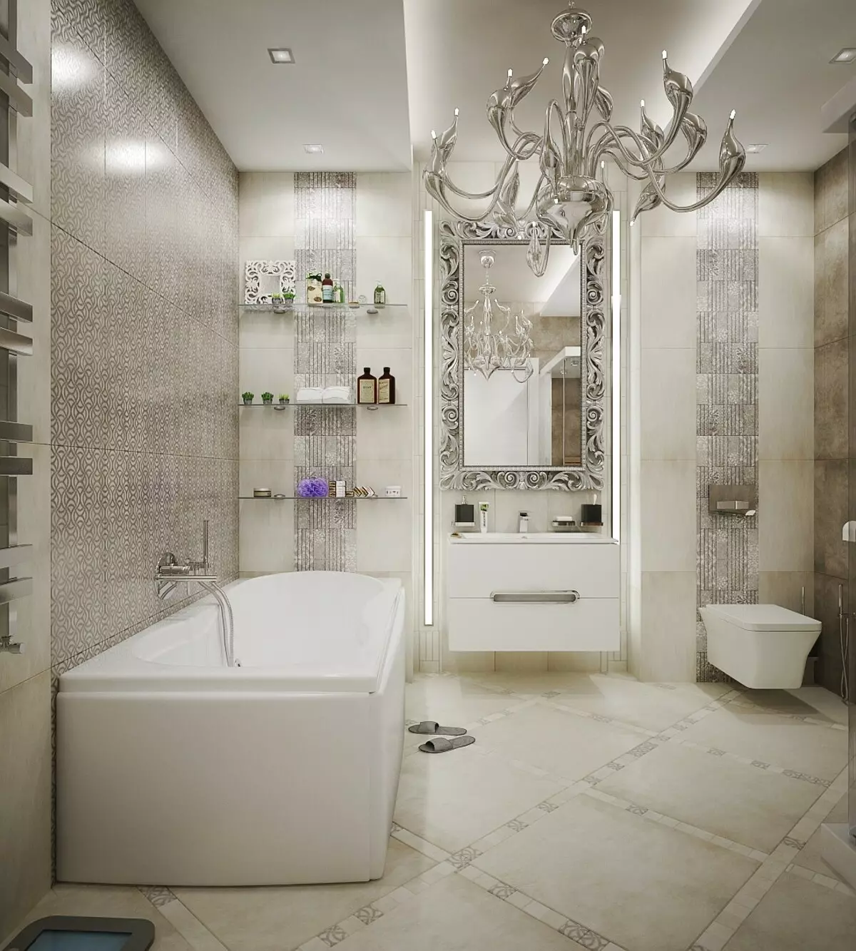 Salle de bain blanche (84 photos): design de chambre dans des tons blancs avec des accents lumineux. Idées de design d'intérieur modernes Petite salle de bain blanche avec inserts 10191_66
