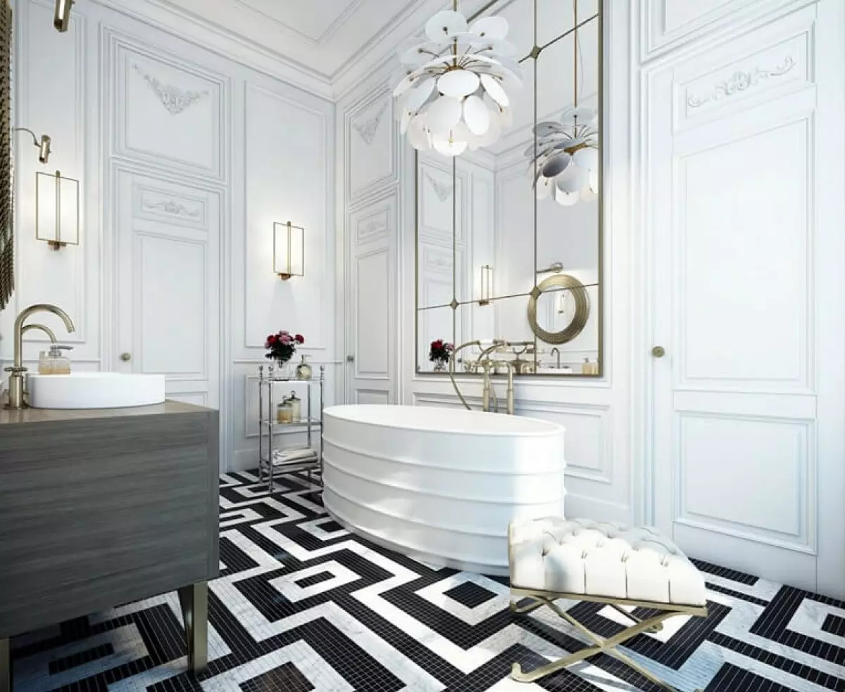 Salle de bain blanche (84 photos): design de chambre dans des tons blancs avec des accents lumineux. Idées de design d'intérieur modernes Petite salle de bain blanche avec inserts 10191_67