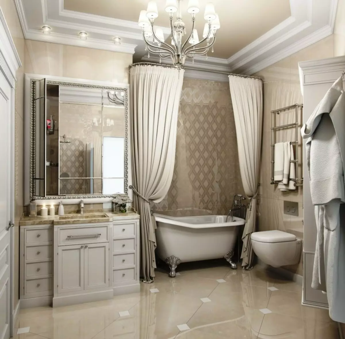 Salle de bain blanche (84 photos): design de chambre dans des tons blancs avec des accents lumineux. Idées de design d'intérieur modernes Petite salle de bain blanche avec inserts 10191_68