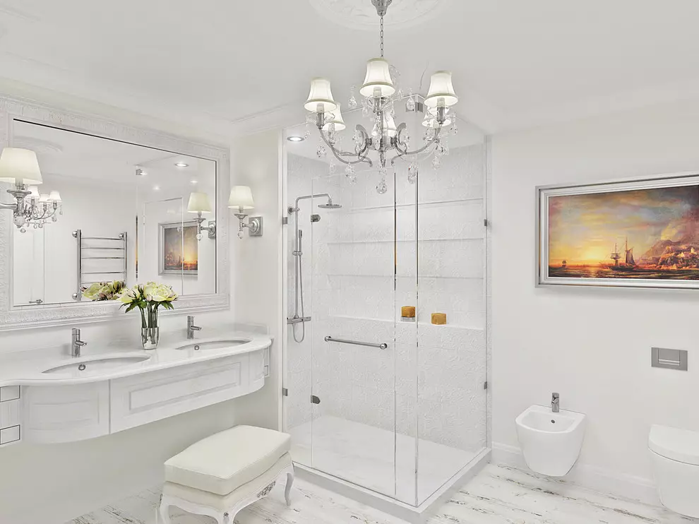 Salle de bain blanche (84 photos): design de chambre dans des tons blancs avec des accents lumineux. Idées de design d'intérieur modernes Petite salle de bain blanche avec inserts 10191_69