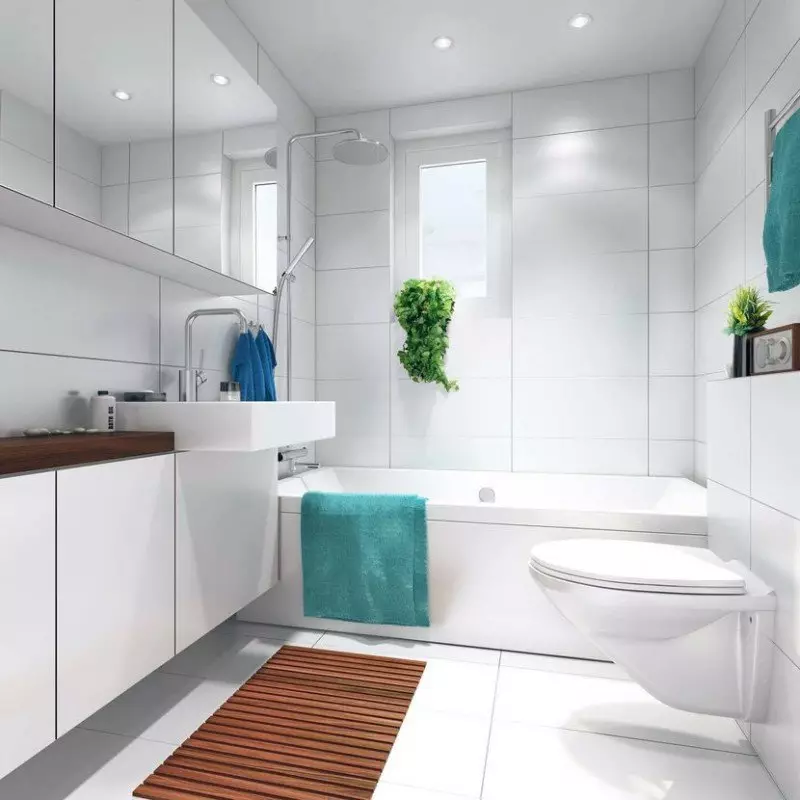 White banyo (84 mga larawan): disenyo ng kuwarto sa puting tono na may maliwanag na accent. Modern Interior Design Ideas maliit na puting banyo na may pagsingit 10191_7