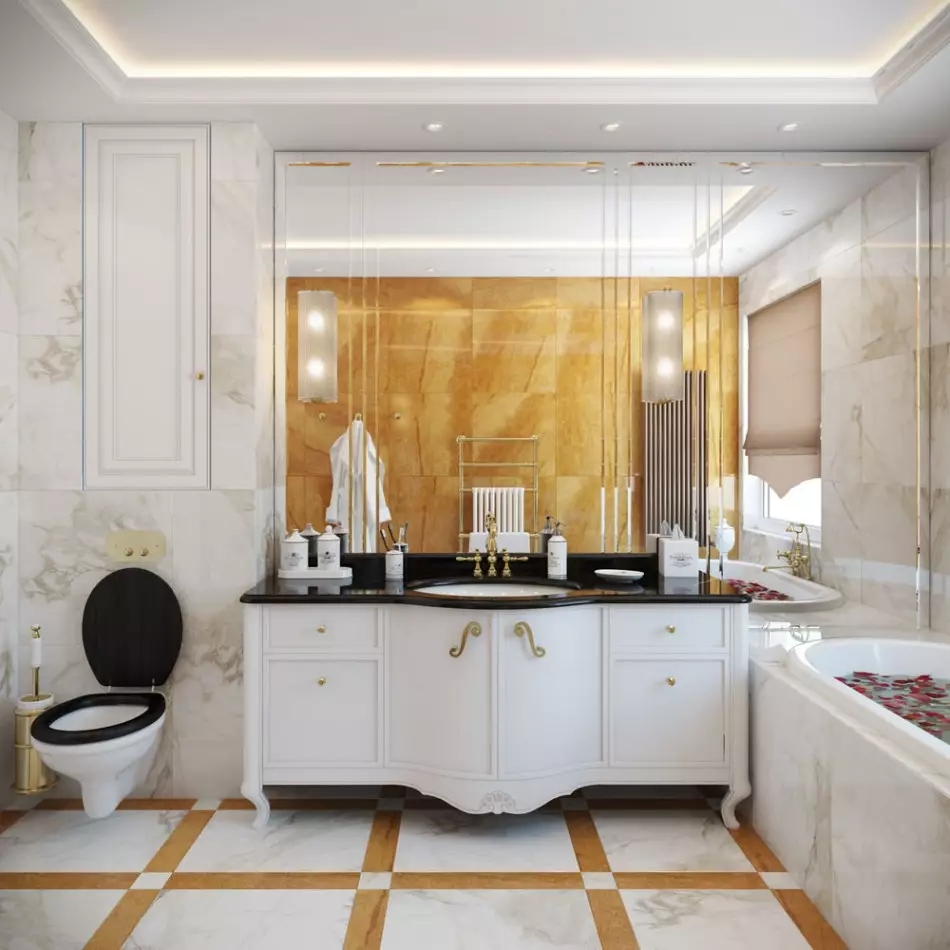 Fehér fürdőszoba (84 fotó): Szoba kialakítása fehér árnyalatokban, fényes ékezetekkel. Modern belsőépítészeti ötletek kis fehér fürdőszoba betétekkel 10191_70