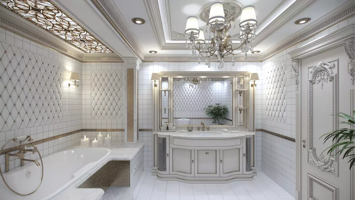 White banyo (84 mga larawan): disenyo ng kuwarto sa puting tono na may maliwanag na accent. Modern Interior Design Ideas maliit na puting banyo na may pagsingit 10191_80