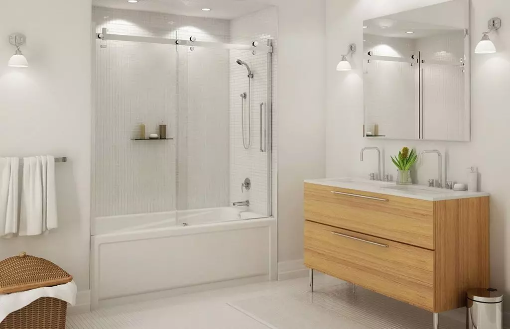Perdele glisante pentru baie: ecran de plastic și duș retractabil, colț și alte modele 10192_13